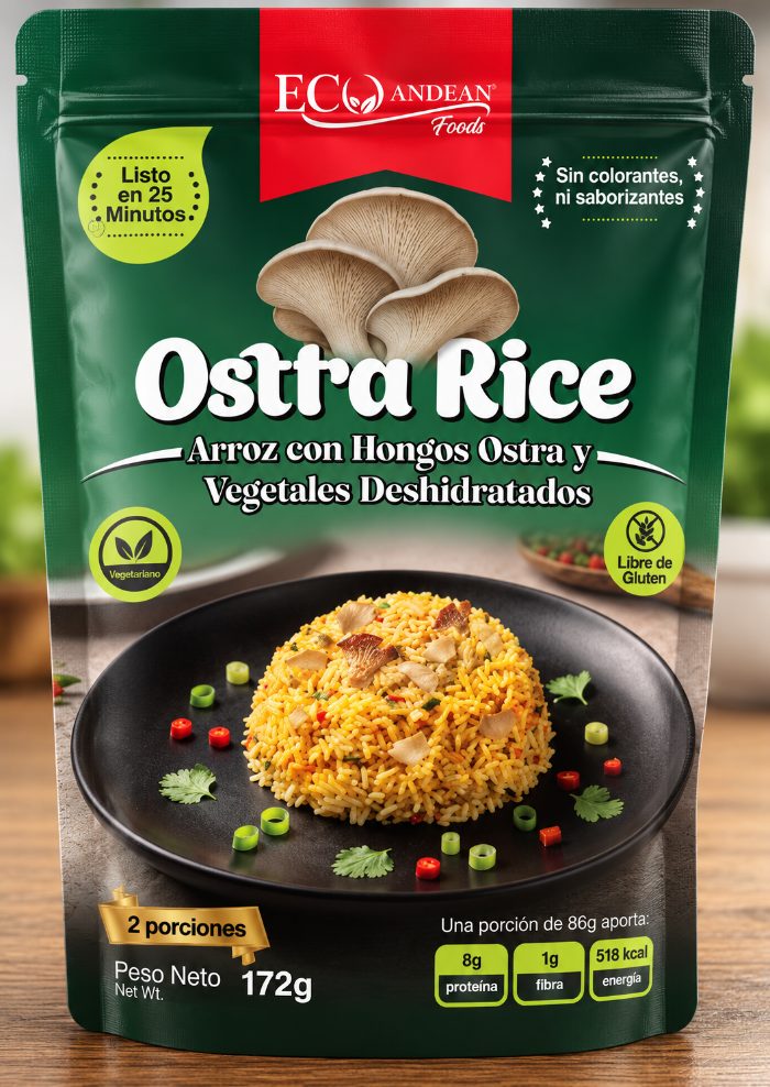 Empaque Osttra Rice, arroz con hongos ostra y vegetales